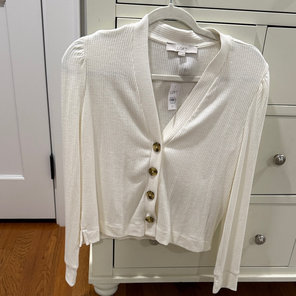 LOFT Ivory Ribbed Button Cardigan